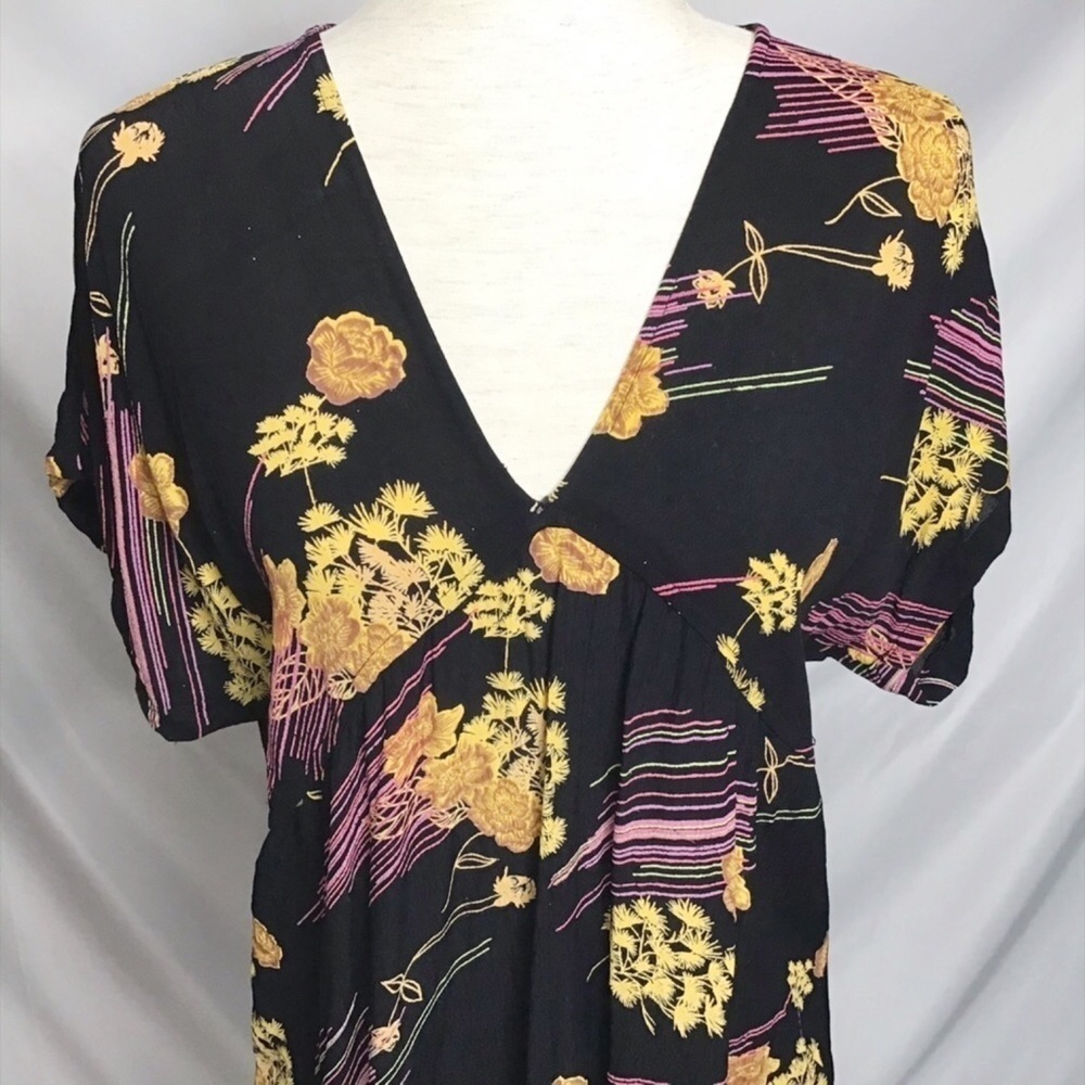 ANTHROPOLOGIE Size XS Lux Dress Mini Floral Black Purple Yellow Boho Beach - Picture 3 of 8